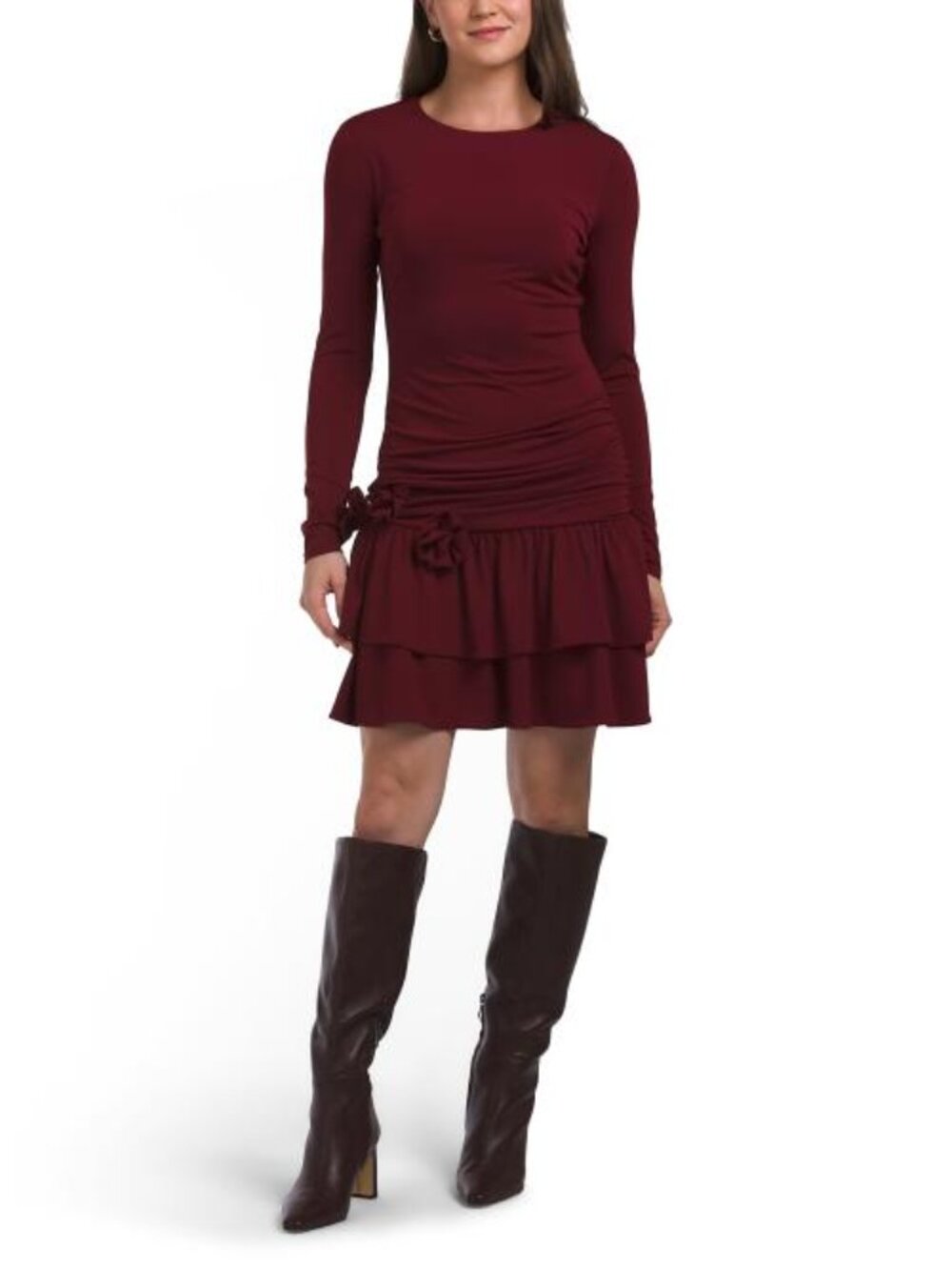 ALEXIA ADMOR Long Sleeve Draped Drop Waist Mini Dress With Rosette Detail